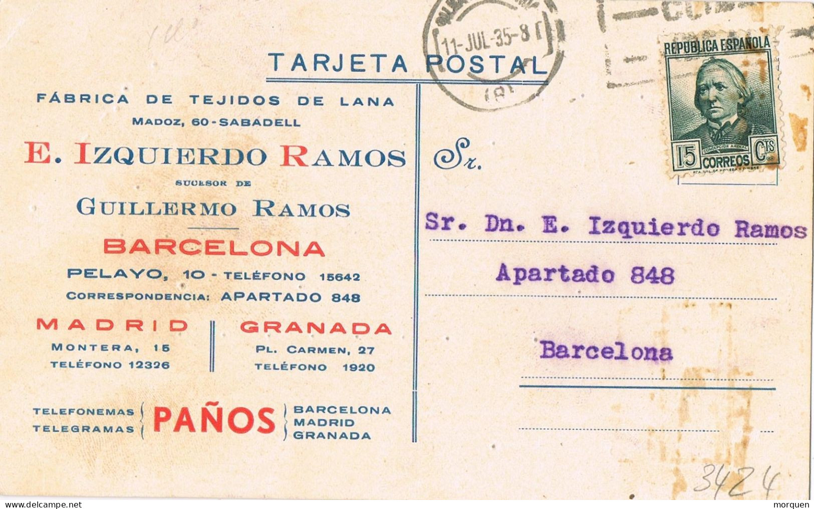 54533. Tarjeta Comercial Privada PALMA De MALLORCA (Baleares) 1935. Republica. Tejidos, Lana - Brieven En Documenten