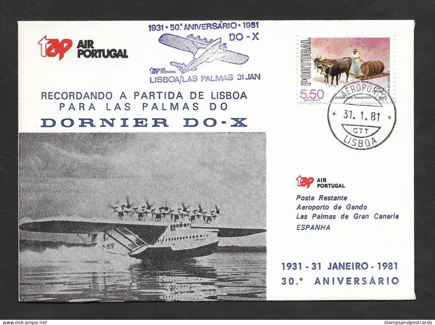 Portugal TAP 50 Ans Premier Vol Dornier DO-X Lisbonne Las Palmas Canarias Espagne España 1981 Lisbon Canary Spain Flight - Storia Postale