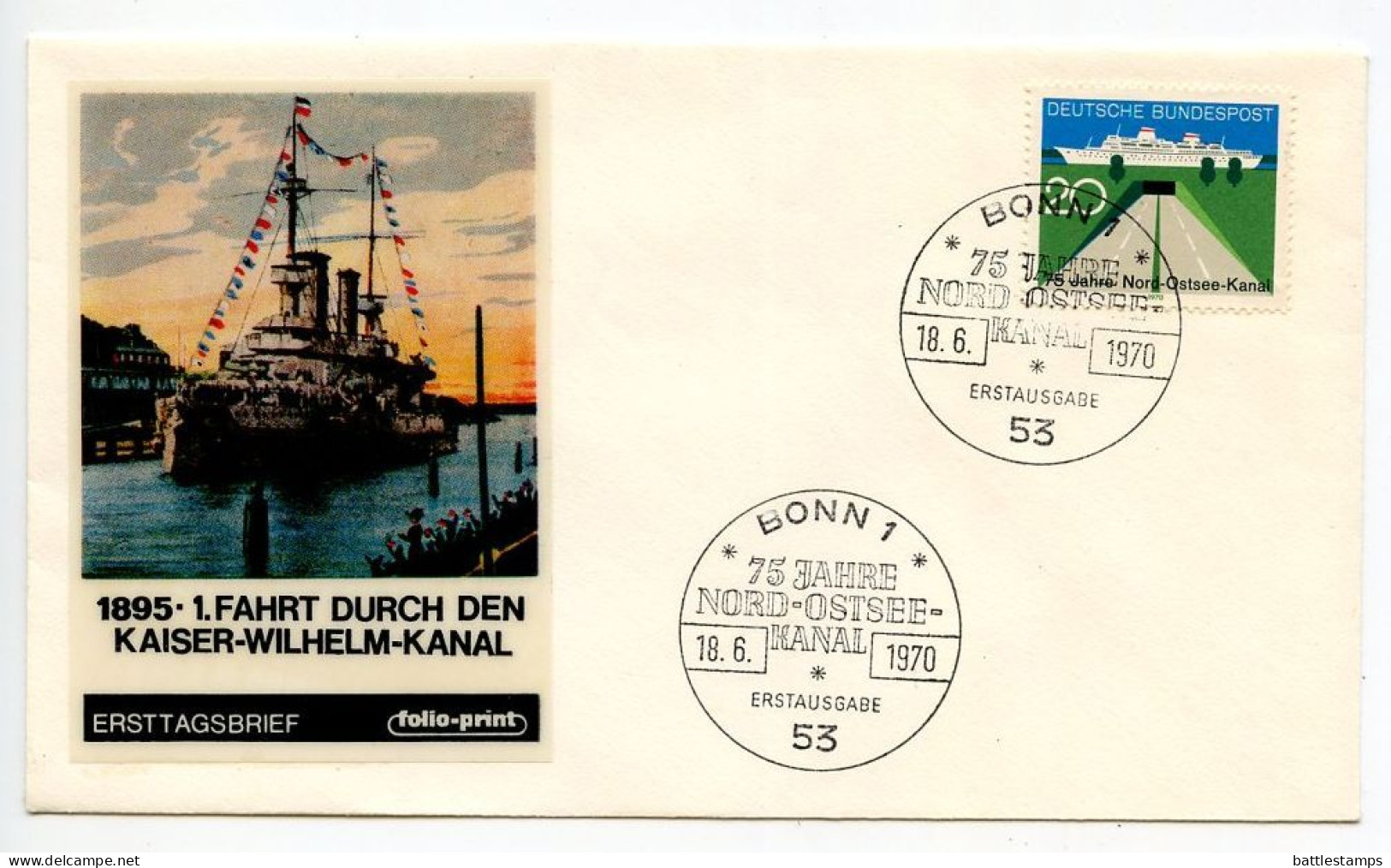 Germany, West 1970 FDC Scott 1021 North Sea - Baltic Sea Canal 75th Anniversary - 1961-1970