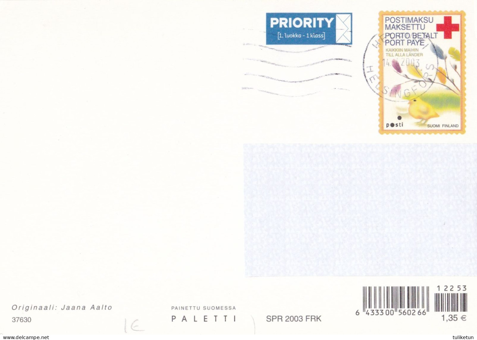 Postal Stationery - Bird - Chick - Happy Easter - Red Cross 2003 - Suomi Finland - Postage Paid - Aalto - Entiers Postaux