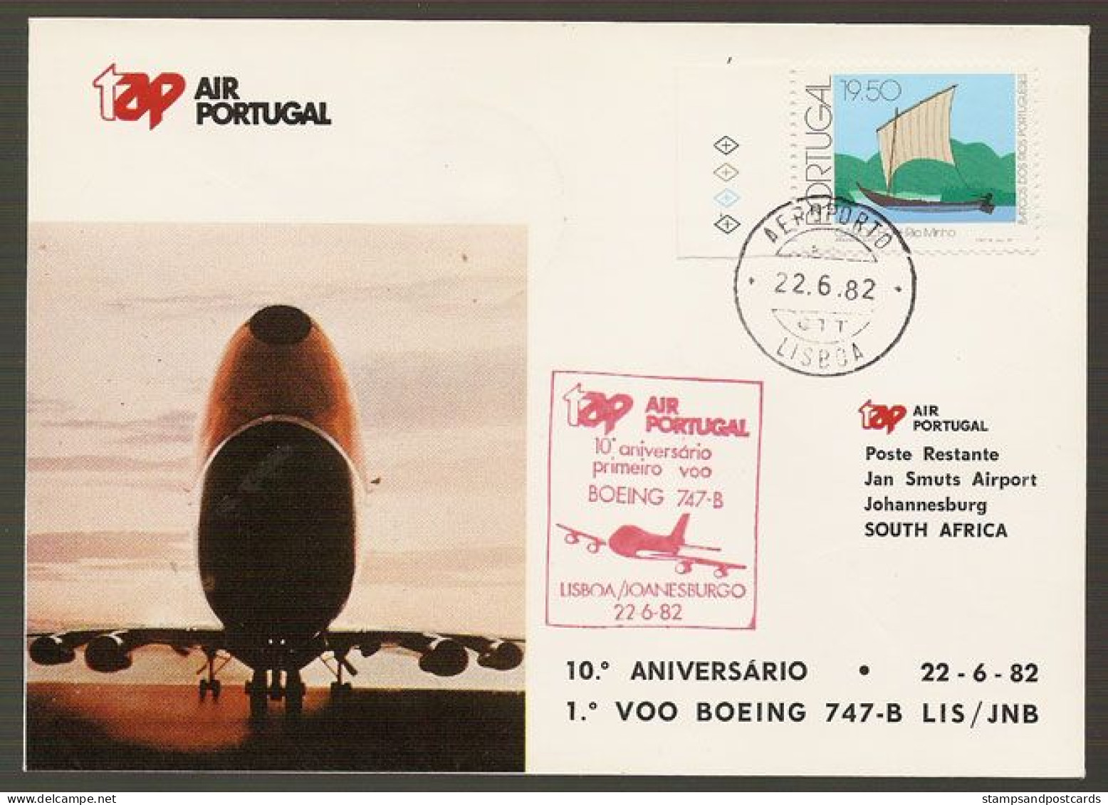 Portugal 10 Ans Premier Vol TAP Lisbonne Johannesburg Afrique Du Sud 1982 First Flight 10 Y. Lisbon South Africa - Brieven En Documenten