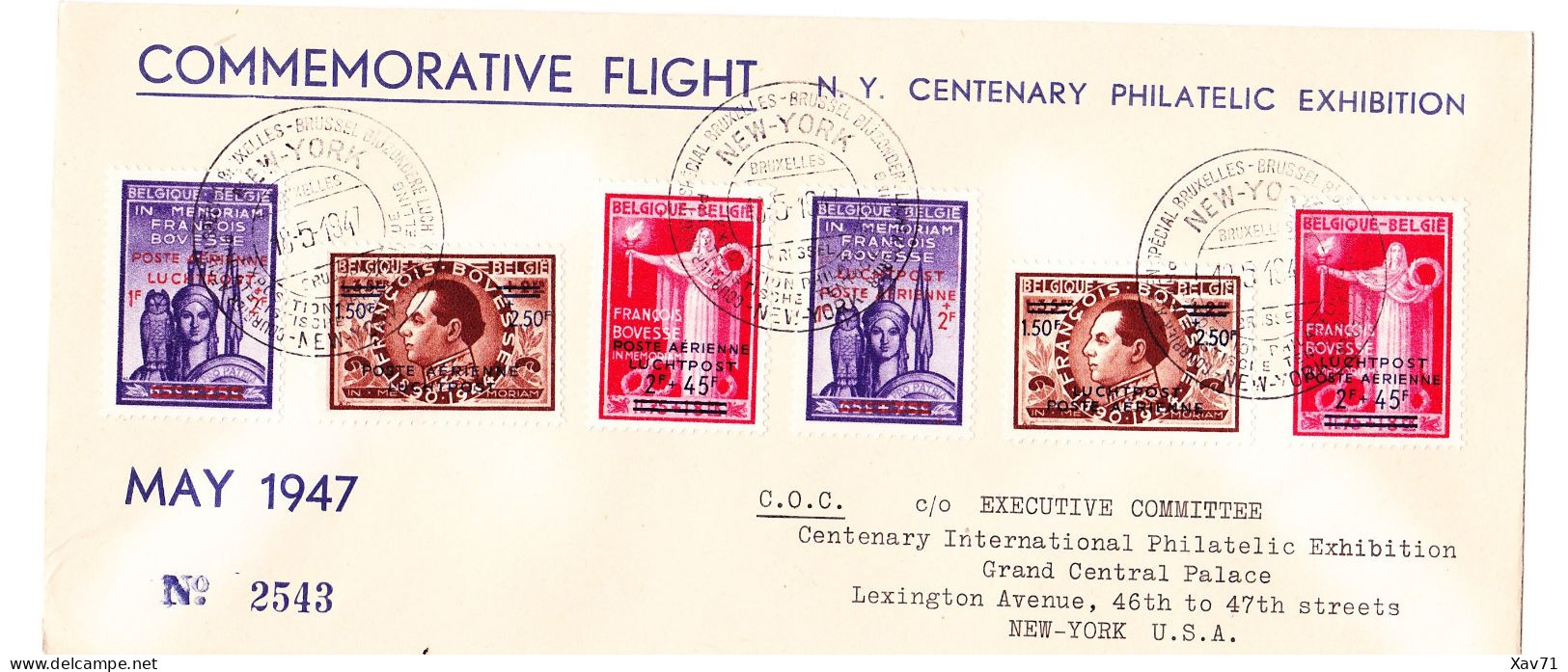 Belgique Enveloppe Commemorative Flight N.Y Centenary Philatelic Exhibition May 1947 - Lot De 3 - Covers & Documents