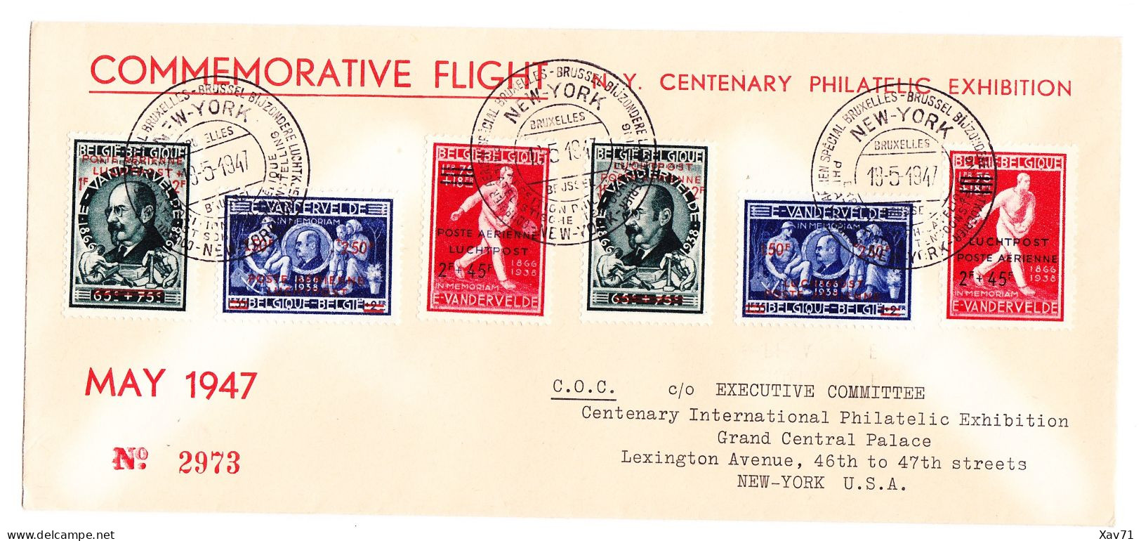 Belgique Enveloppe Commemorative Flight N.Y Centenary Philatelic Exhibition May 1947 - Lot De 3 - Covers & Documents