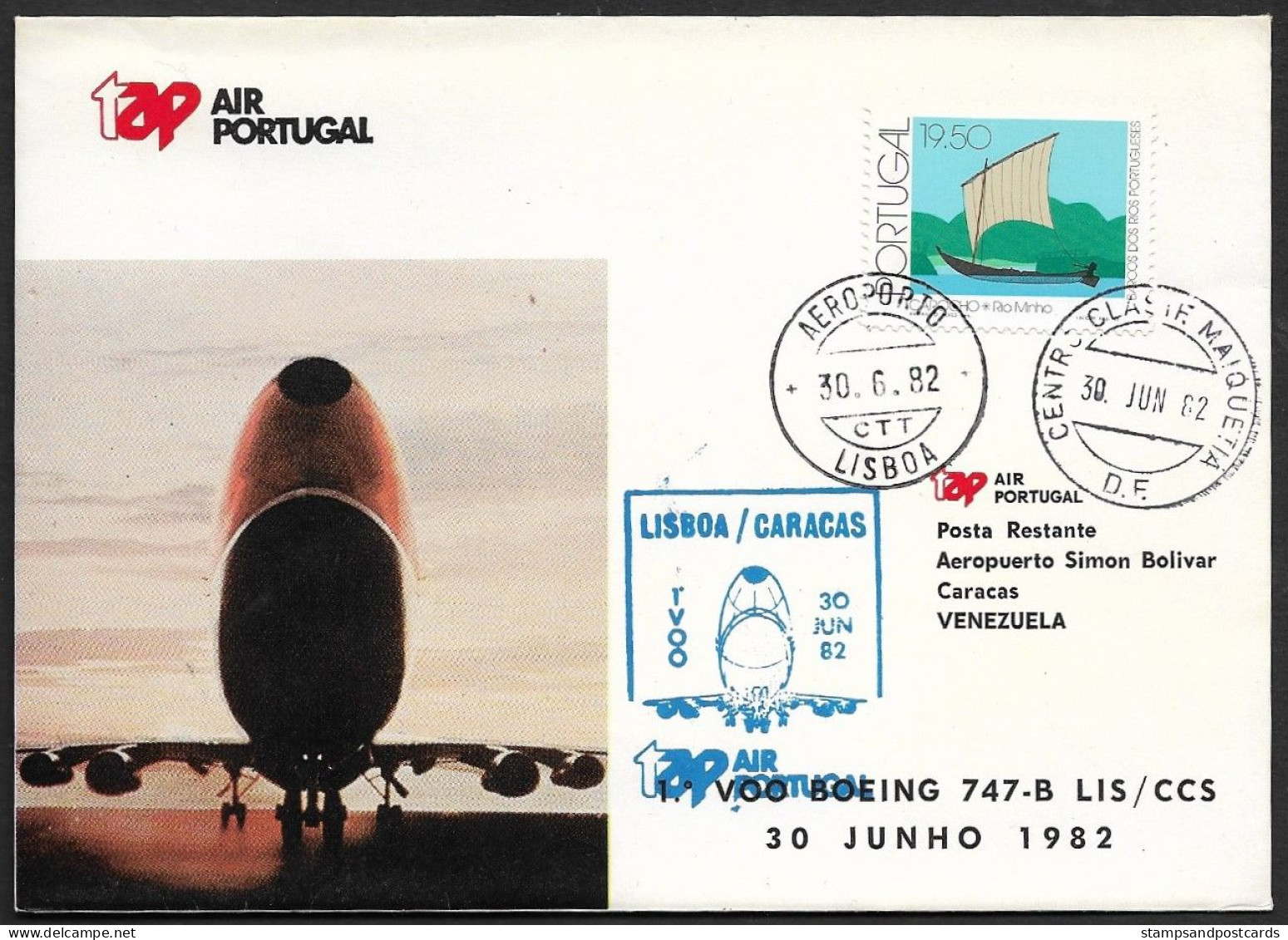 Portugal Venezuela Premier Vol TAP Boeing 747 Lisbonne Lisboa Caracas 1982 First Flight Lisbon Caracas - Lettres & Documents