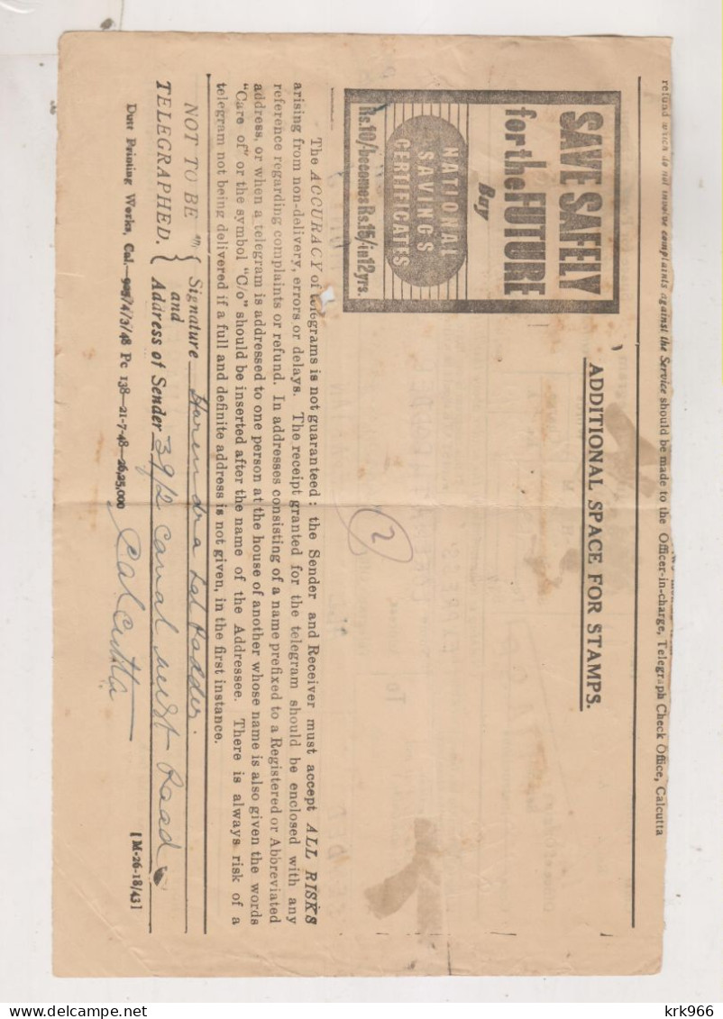 INDIA, 1949 Nice Postal Document Telegram CALCUTTA - Cartas & Documentos