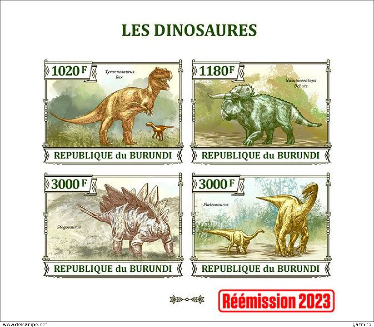 Burundi 2023, Animals, Dinosaurs II, Re-issued, 4val In Block IMPERFORATED - Unused Stamps