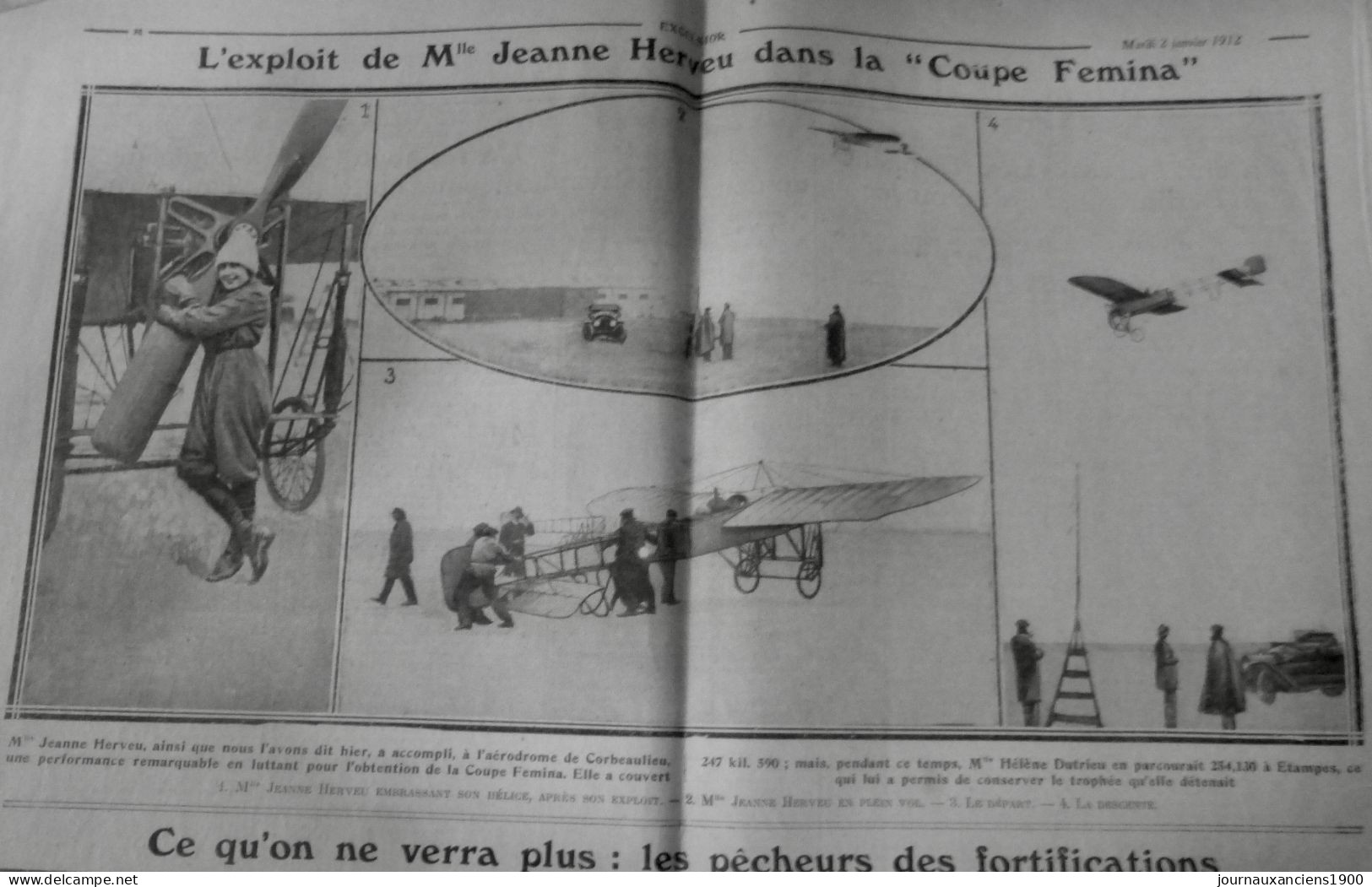 1912 EXCELSIOR ARTICLE DE PRESSE AVIATION FEMME MLLE HERVEU 1 JOURNAL ANCIEN - Plaques De Verre