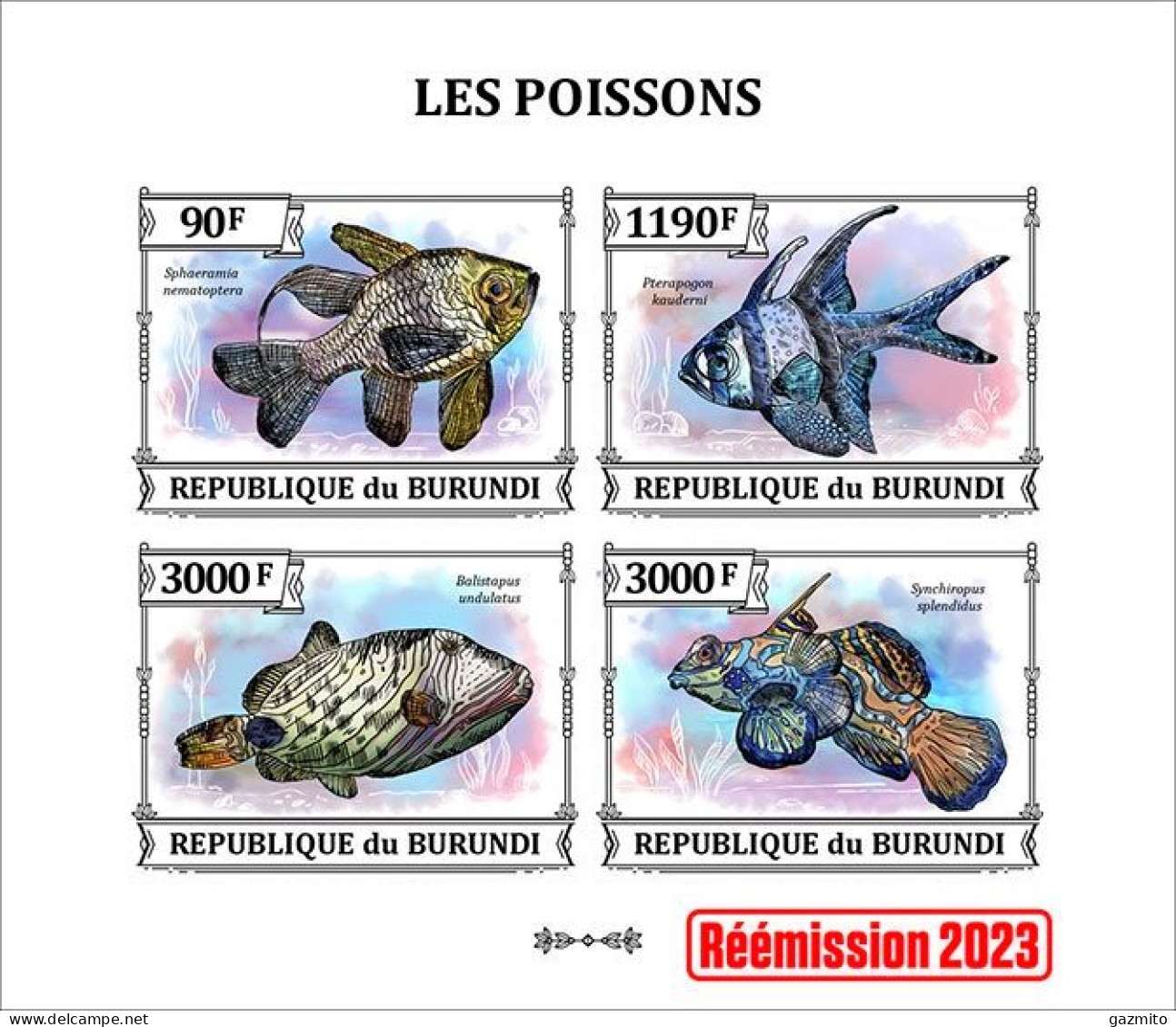 Burundi 2023, Animals, Fishes II, Re-issued, 4val In Block IMPERFORATED - Unused Stamps