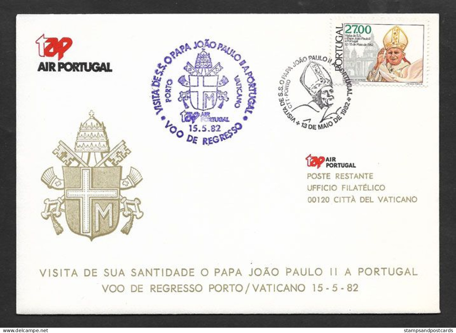 Portugal Vol TAP Retour Visite Pape Jean Paul II Porto Vatican 1982 Pope Visit To Portugal Retunr Flight Oporto Vatican - Päpste