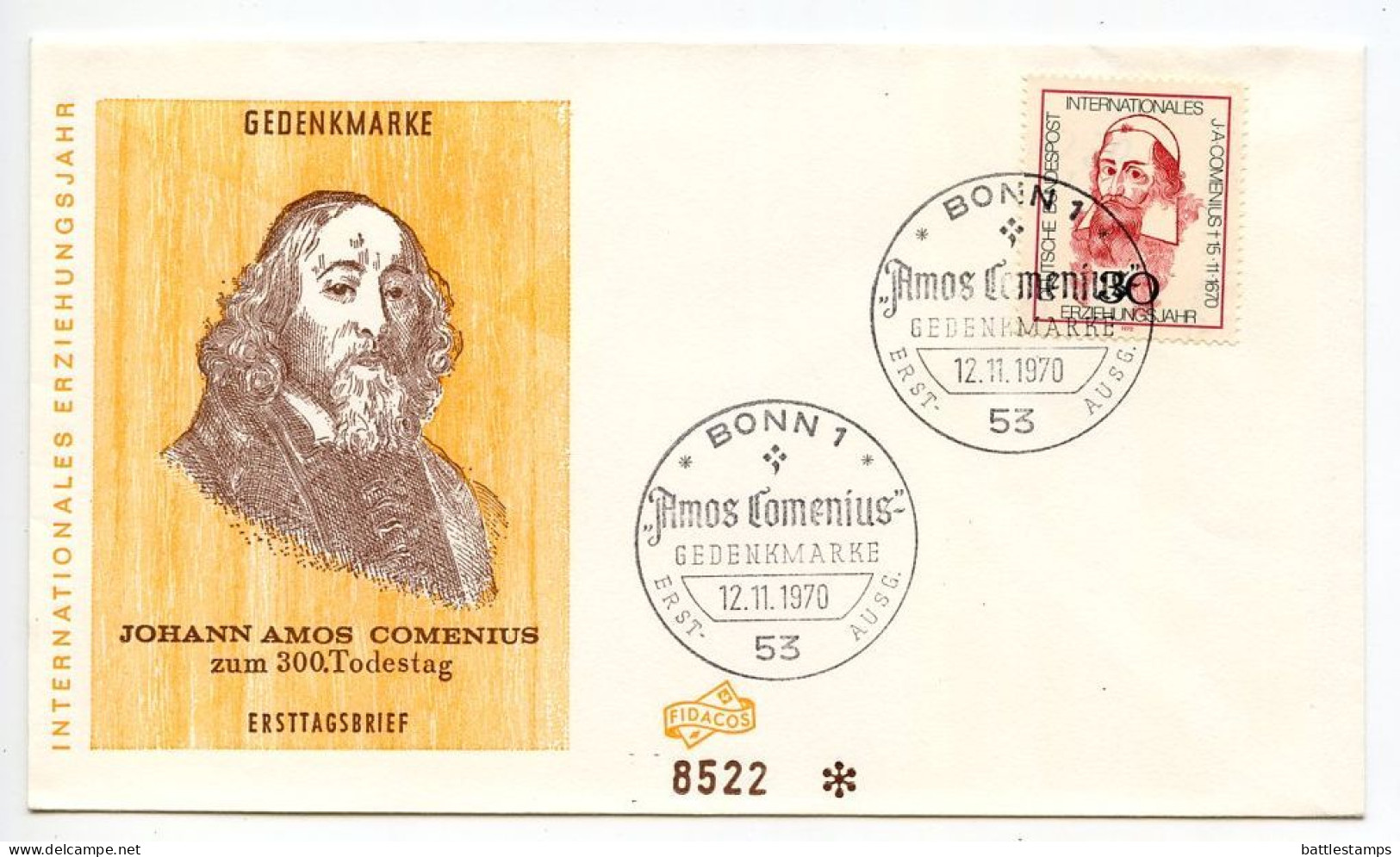 Germany, West 1970 FDC Scott 1050 Johann Amos Comenius, Theologian & Educator - 1961-1970