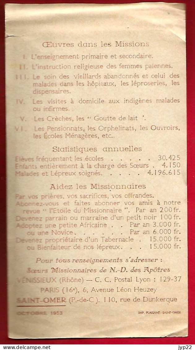 Image Pieuse Soeurs Missionnaire De Notre Dame Des Apôtres Vénissieux - Imp. Plaisant Saint Omer Octobre 1953 - Santini