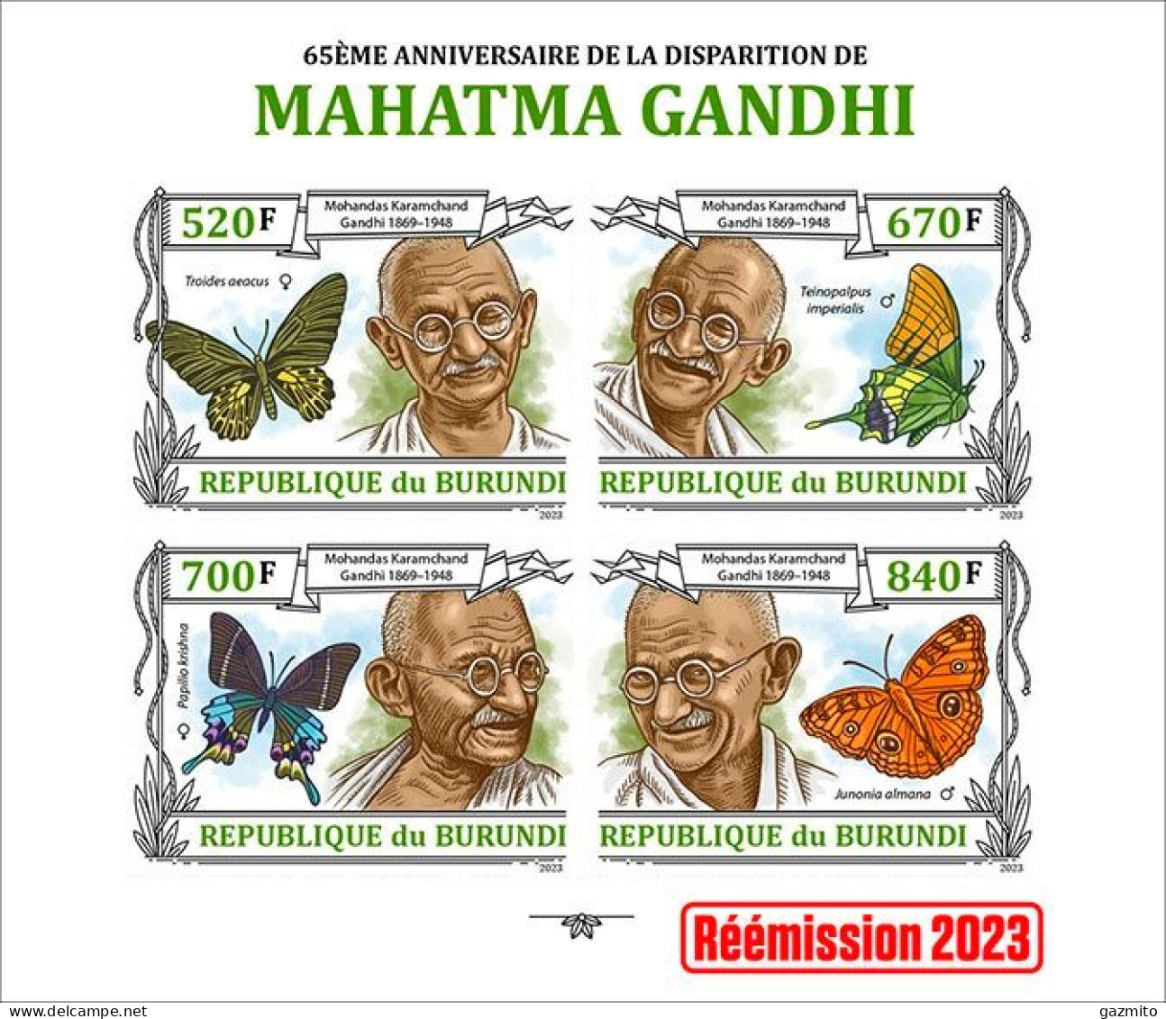 Burundi 2023, Gandhi And Butterfly, 4val In Block IMPERFORATED - Unused Stamps