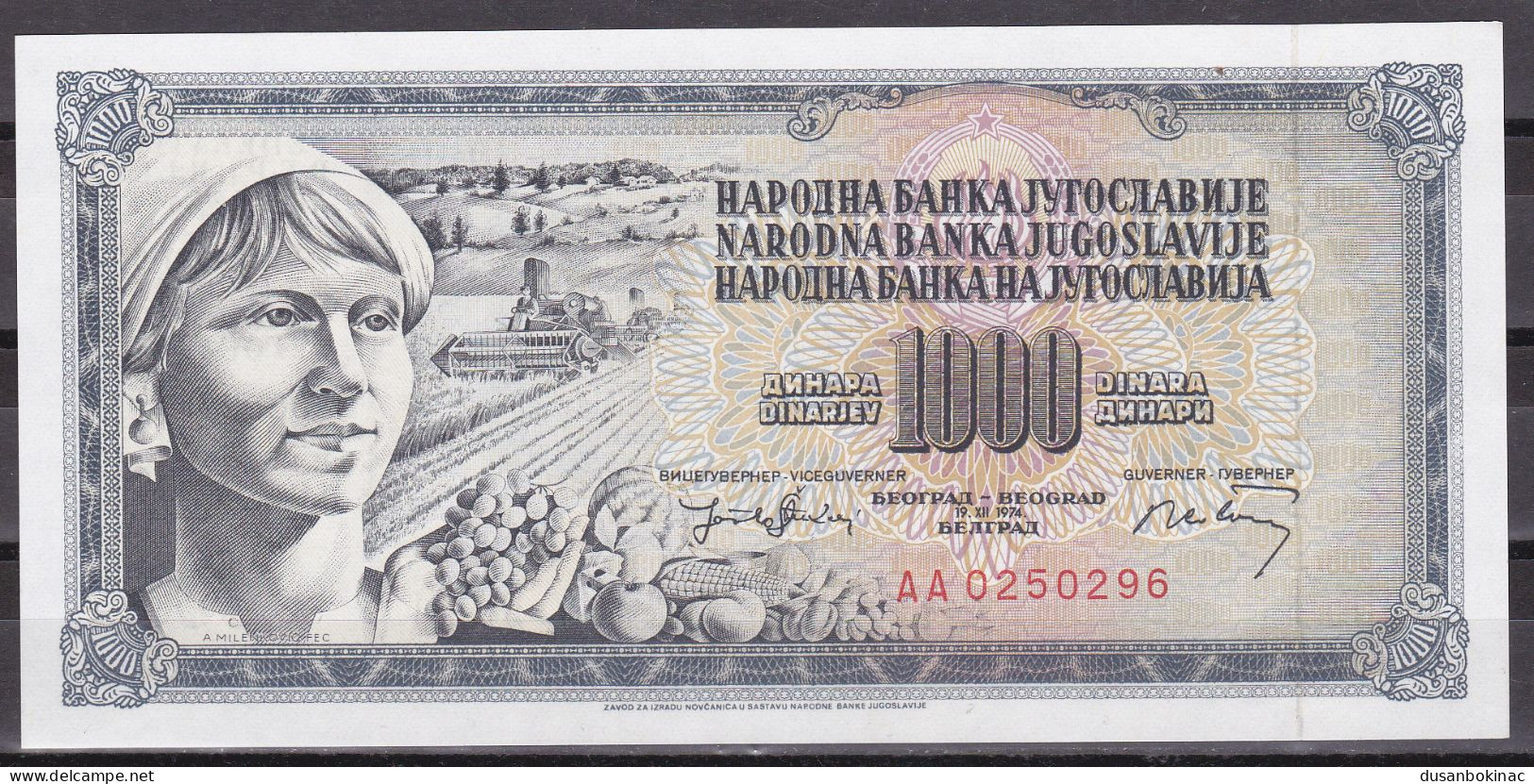 Yugoslavia-1000 Dinara 1974 AA Serie UNC - Jugoslawien