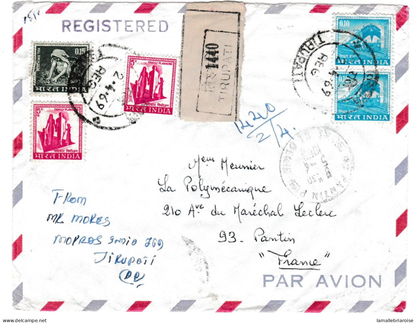 Inde, Enveloppe Recommandée De Tirupati Pour Pantin, 2 Avril 69 - Cartas & Documentos