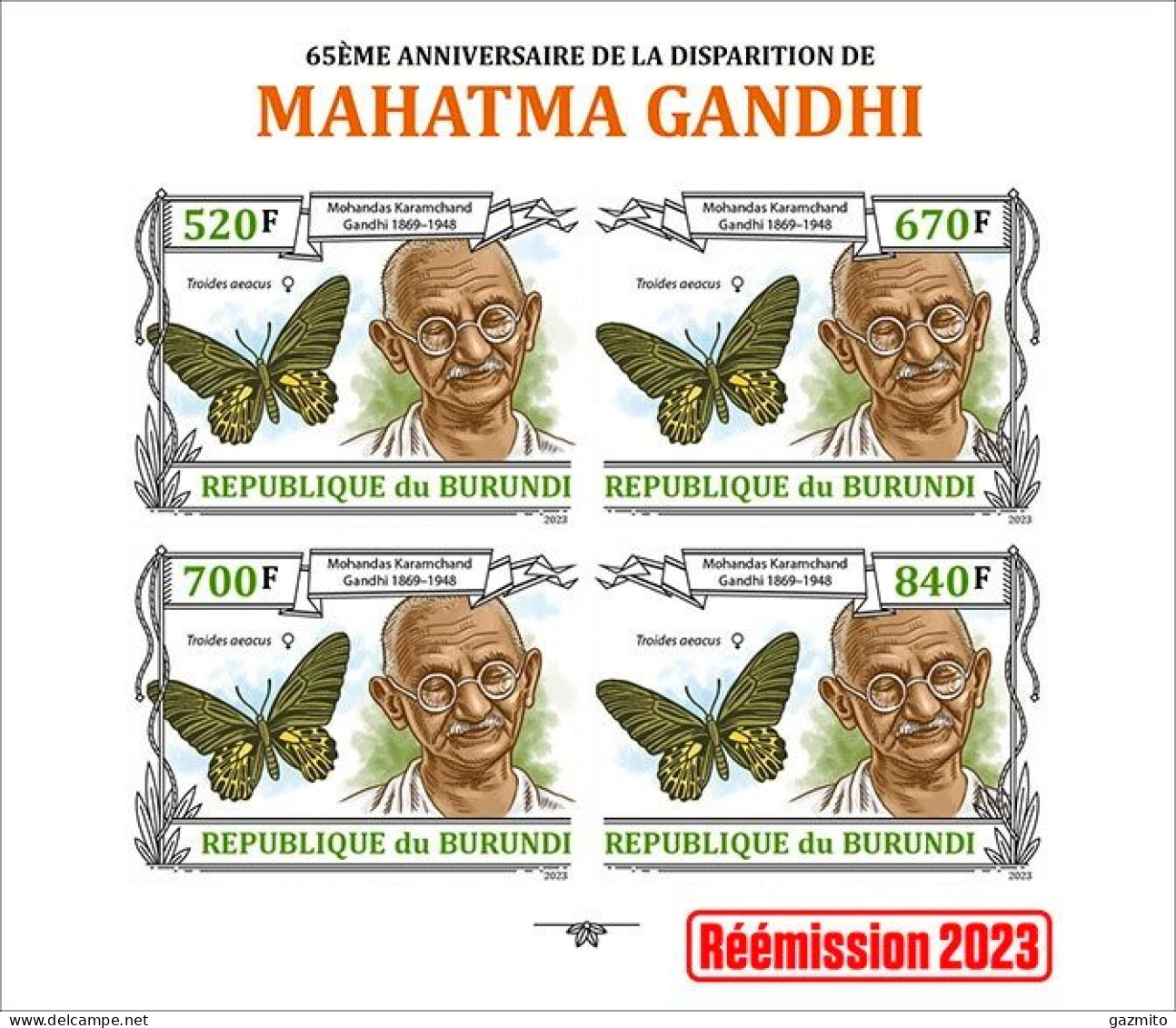 Burundi 2023, Gandhi And Butterfly, Sheetlet1 IMPERFORATED - Nuevos