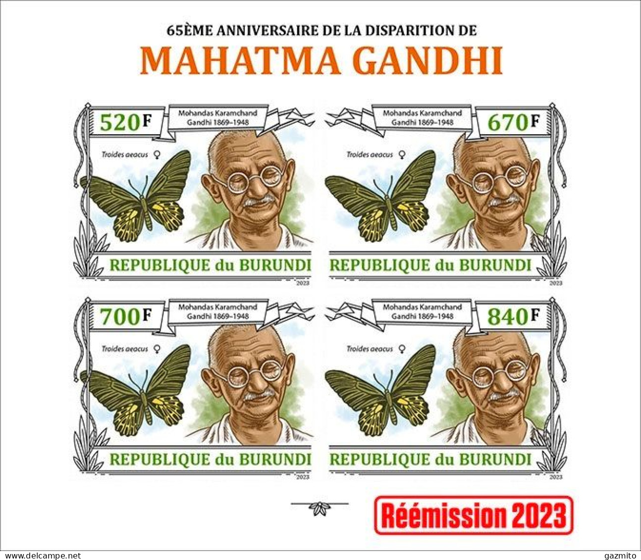 Burundi 2023, Gandhi And Butterfly, Sheetlet1 IMPERFORATED - Unused Stamps