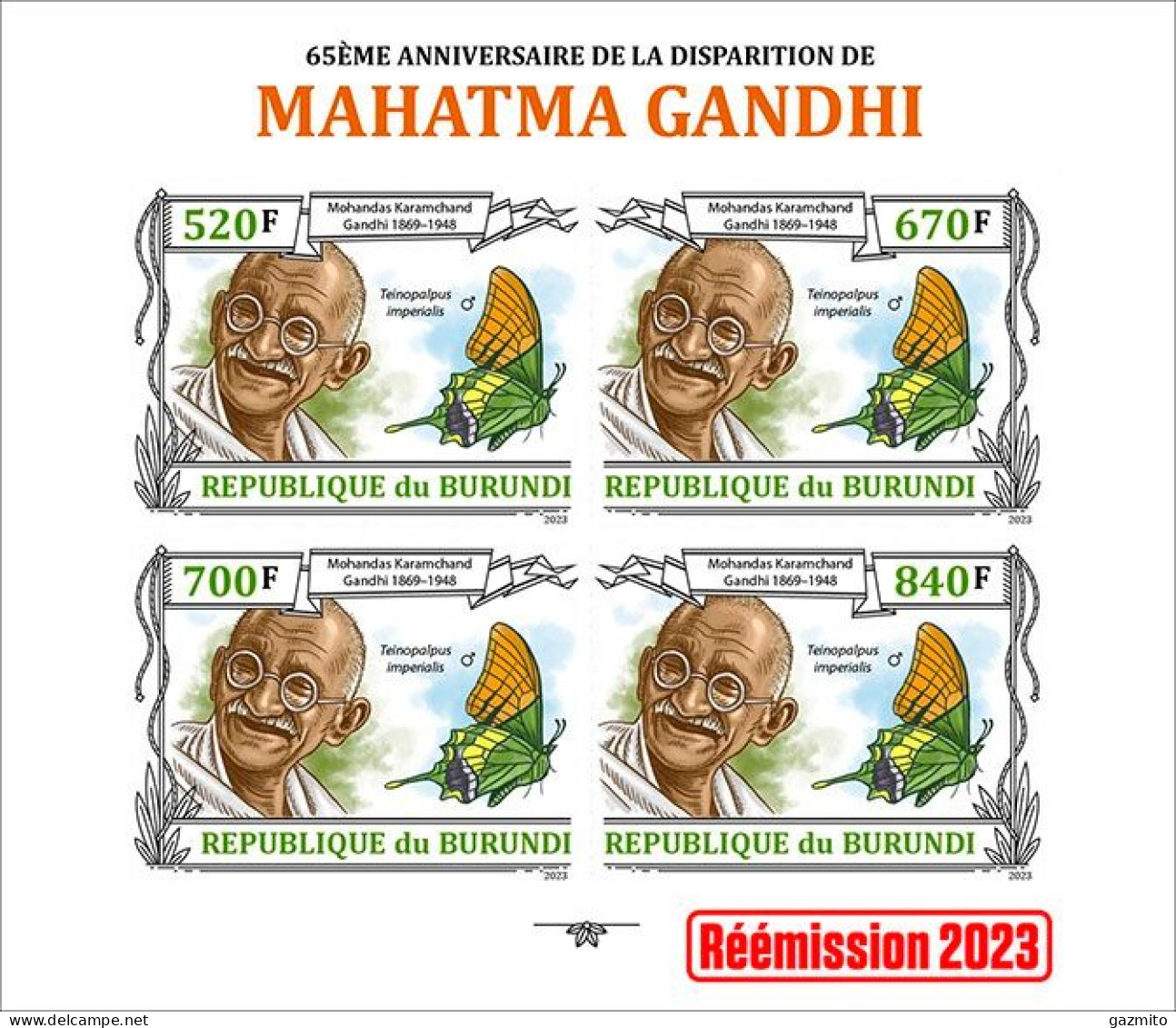 Burundi 2023, Gandhi And Butterfly, Sheetlet2 IMPERFORATED - Unused Stamps