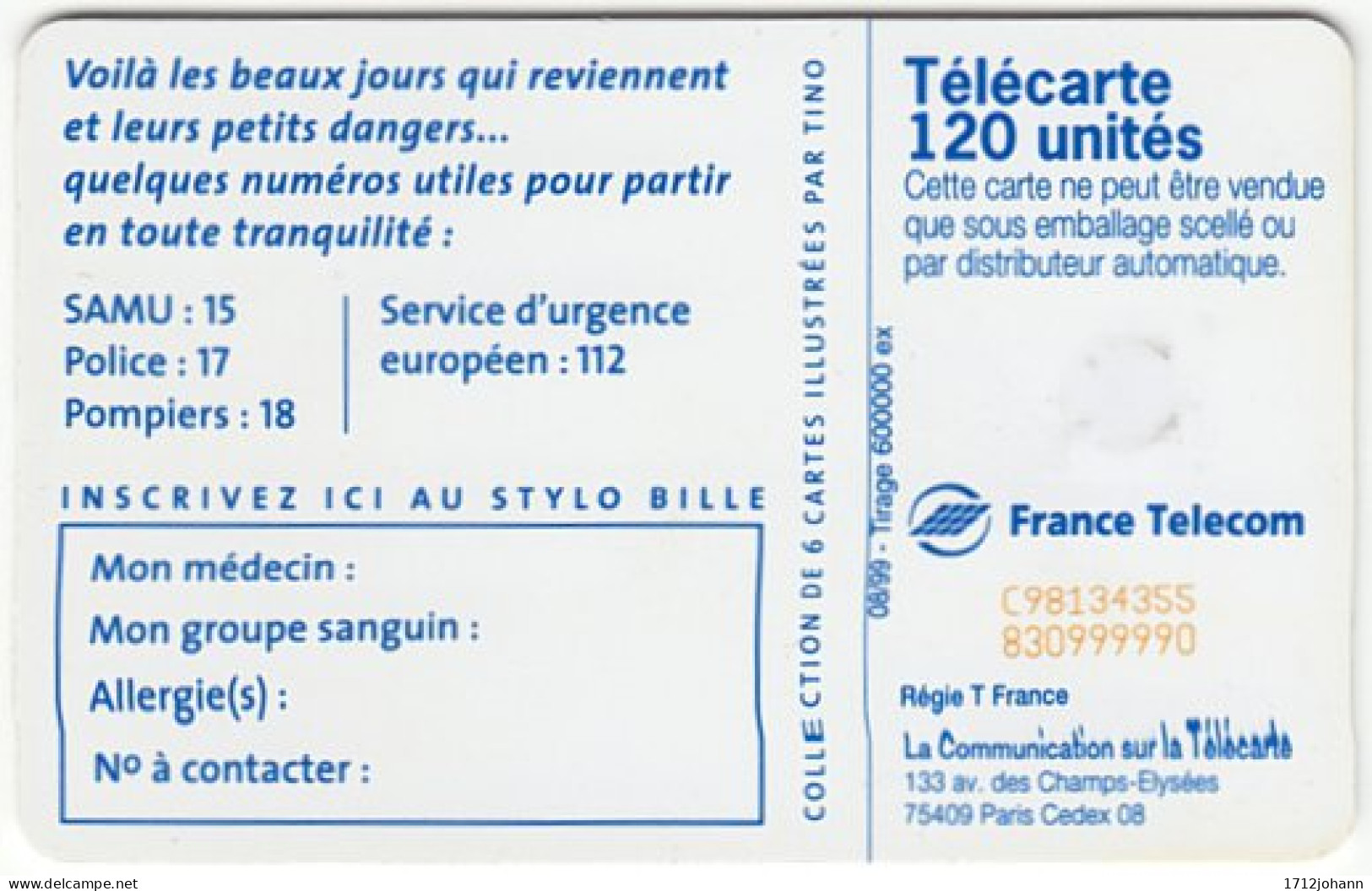FRANCE C-360 Chip Telecom - Cartoon, Leisure, Holiday - Used - 1999