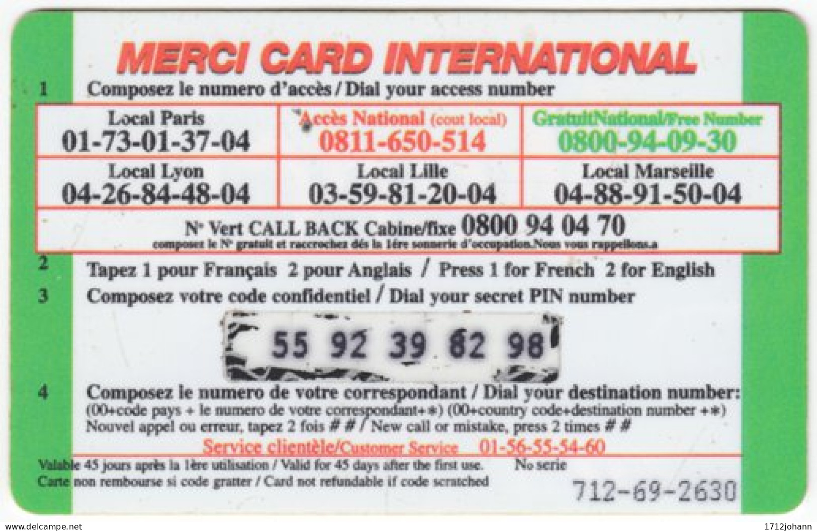 FRANCE C-412 Prepaid Merci - Map, World, People - Used - Cellphone Cards (refills)