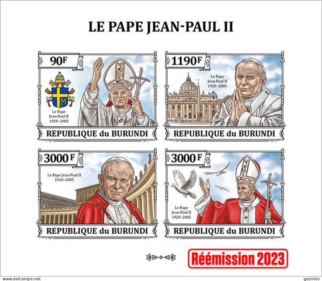 Burundi 2023, Pope J. Paul II, 4val In Block IMPERFORATED - Neufs