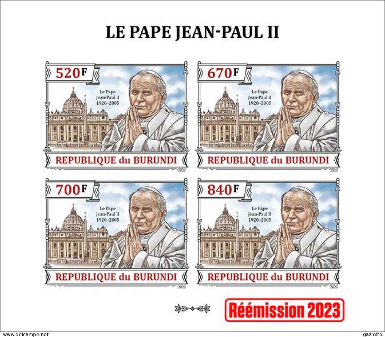 Burundi 2023, Pope J. Paul II, Sheetlet2  IMPERFORATED - Unused Stamps