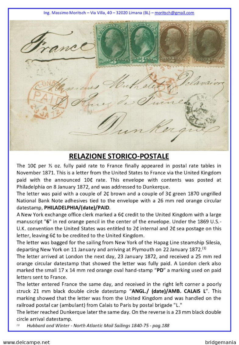 MTM110 - 1872 TRANSATLANTIC LETTER USA TO FRANCE Steamer SILESIA - FULLY PAID - Marcophilie