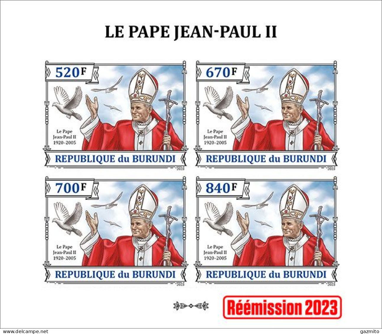 Burundi 2023, Pope J. Paul II, Sheetlet4 IMPERFORATED - Unused Stamps