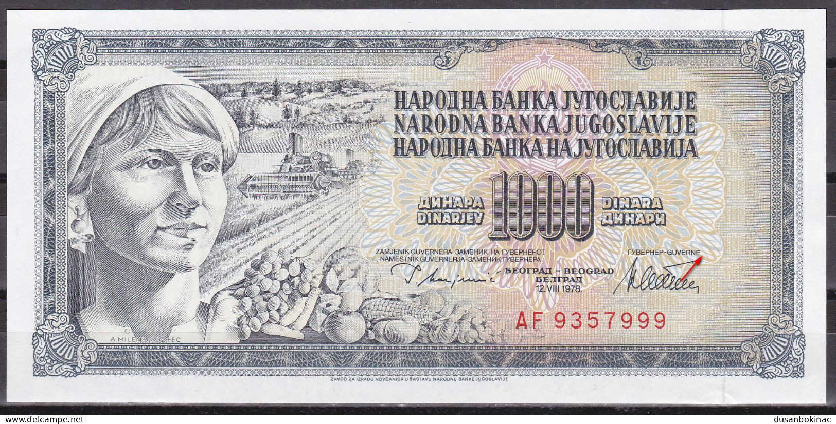 Yugoslavia-1000 Dinara 1978 AF Serie Error GUVERNE,UNC - Jugoslavia