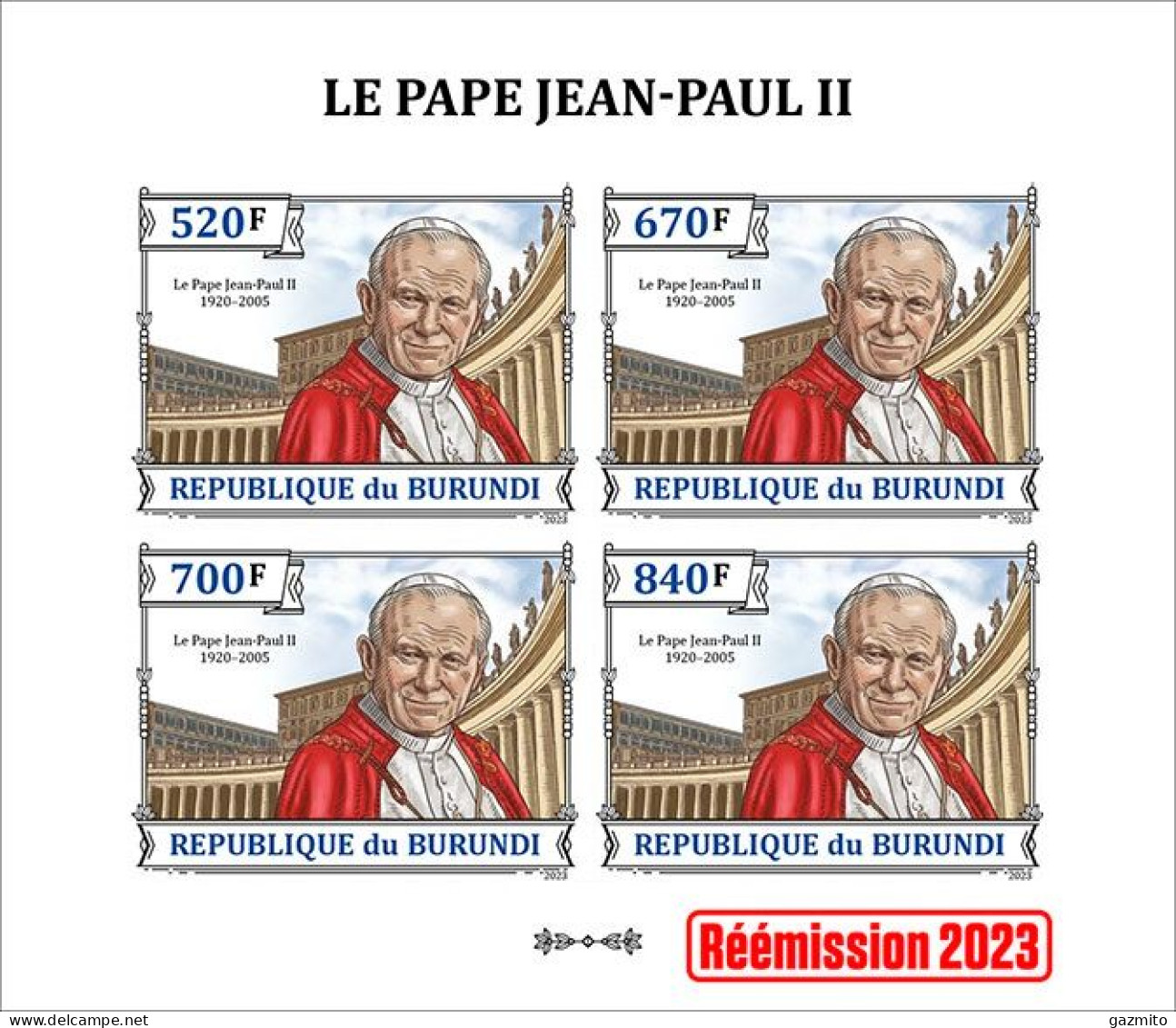 Burundi 2023, Pope J. Paul II, Sheetlet3 IMPERFORATED - Popes
