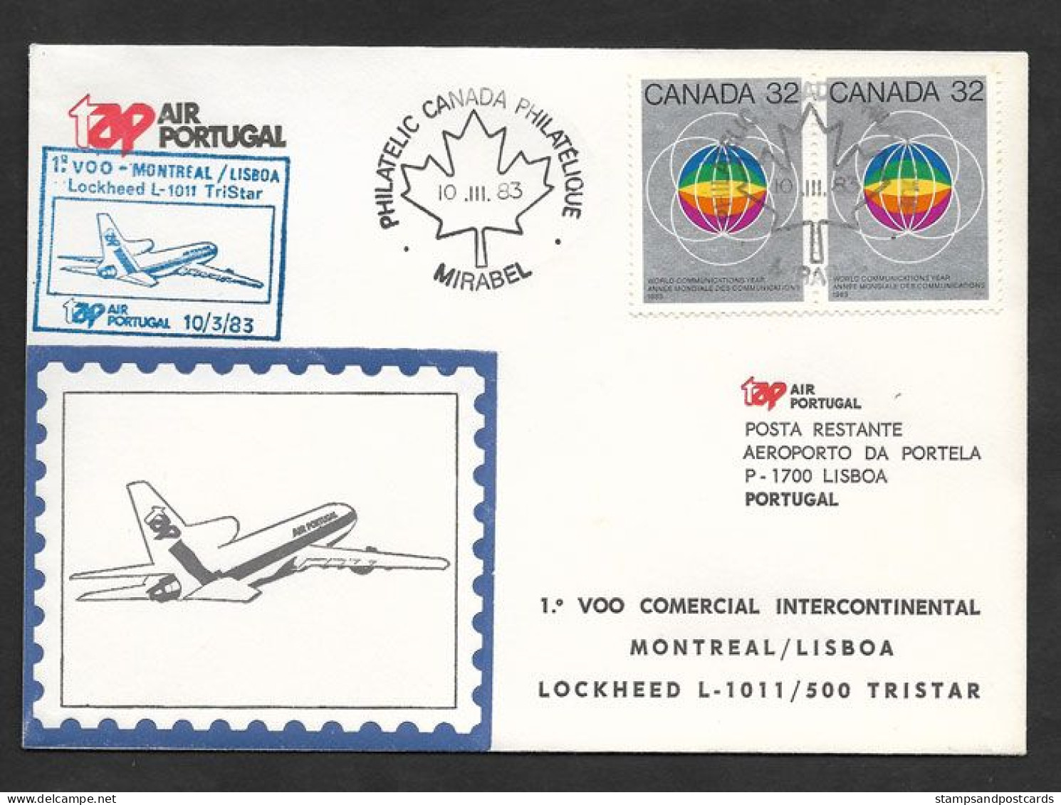 Portugal Premier Vol TAP Lockheed TriStar Montreal Canada Lisbonne 1983 First Flight Montreal Lisbon - Lettres & Documents