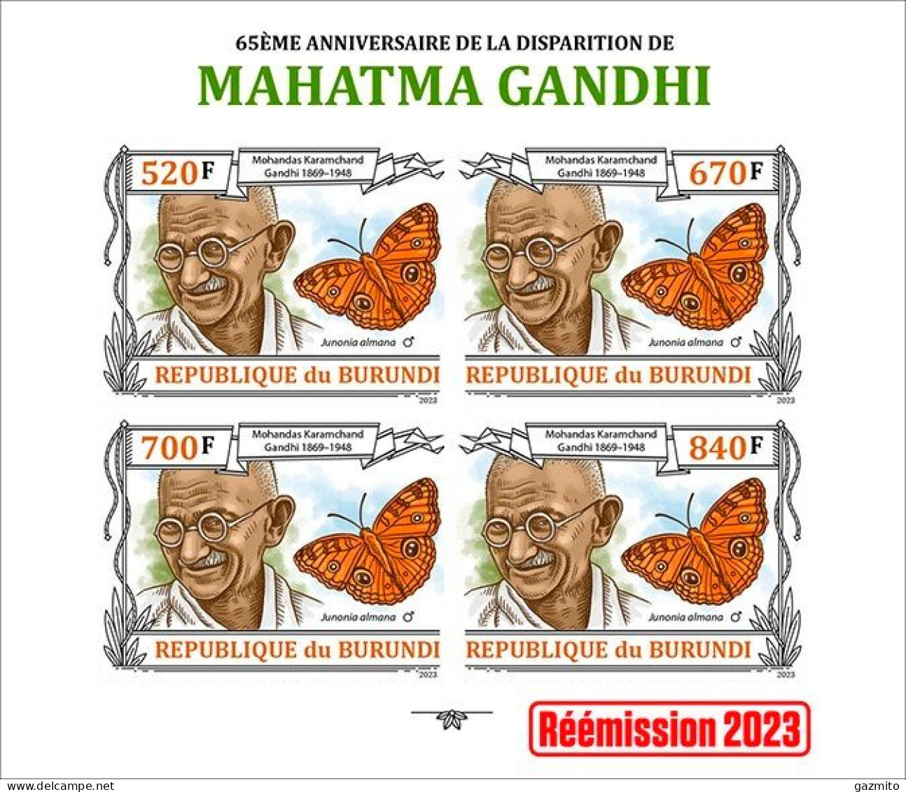 Burundi 2023, Gandhi And Butterfly, Sheetlet4 IMPERFORATED - Mahatma Gandhi