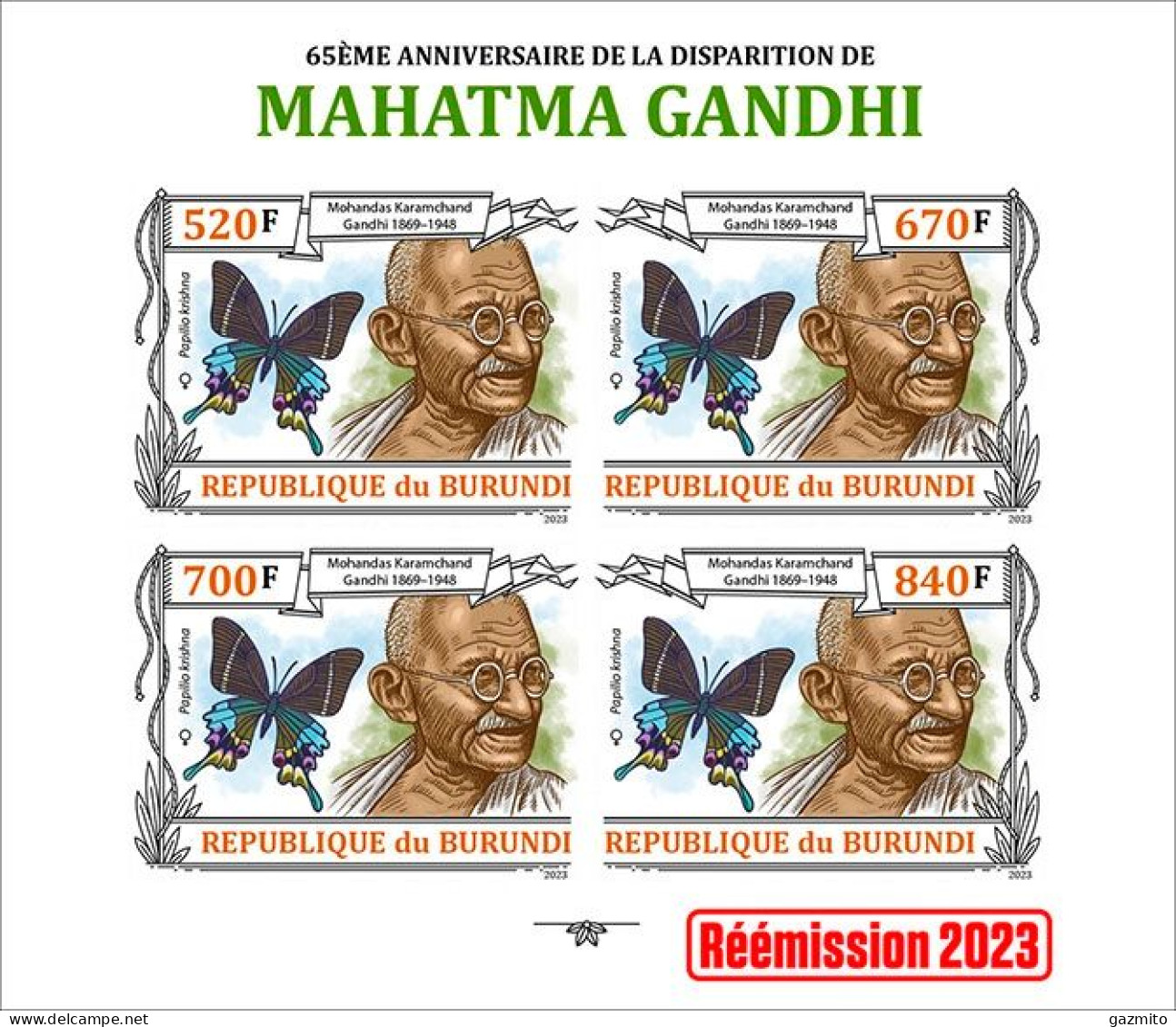 Burundi 2023, Gandhi And Butterfly, Sheetlet3 IMPERFORATED - Mahatma Gandhi