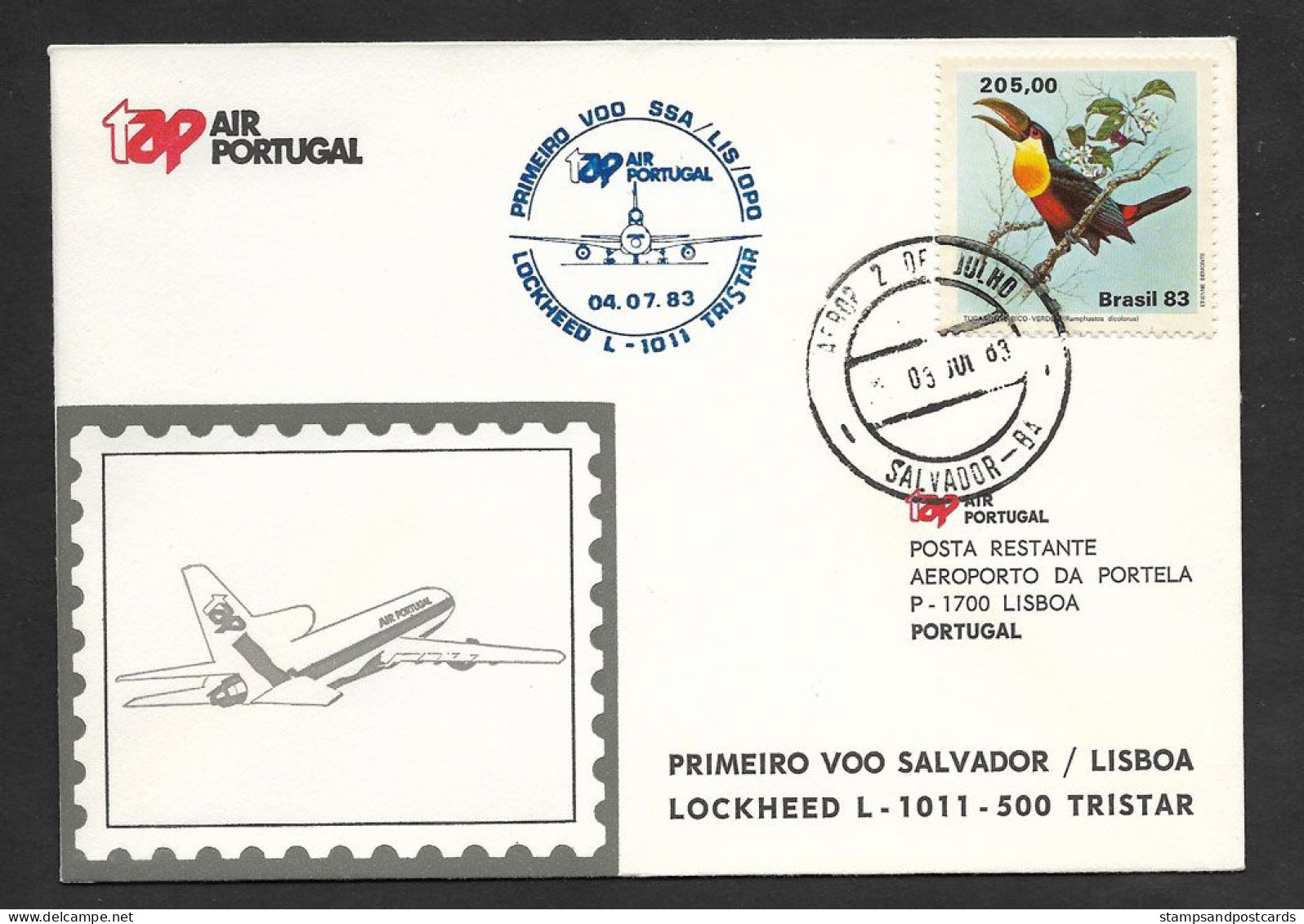 Brèsil Brasil Portugal Premier Vol TAP Lockheed TriStar Salvador Lisbonne Lisboa 1983 First Flight Brazil Lisbon - Poste Aérienne