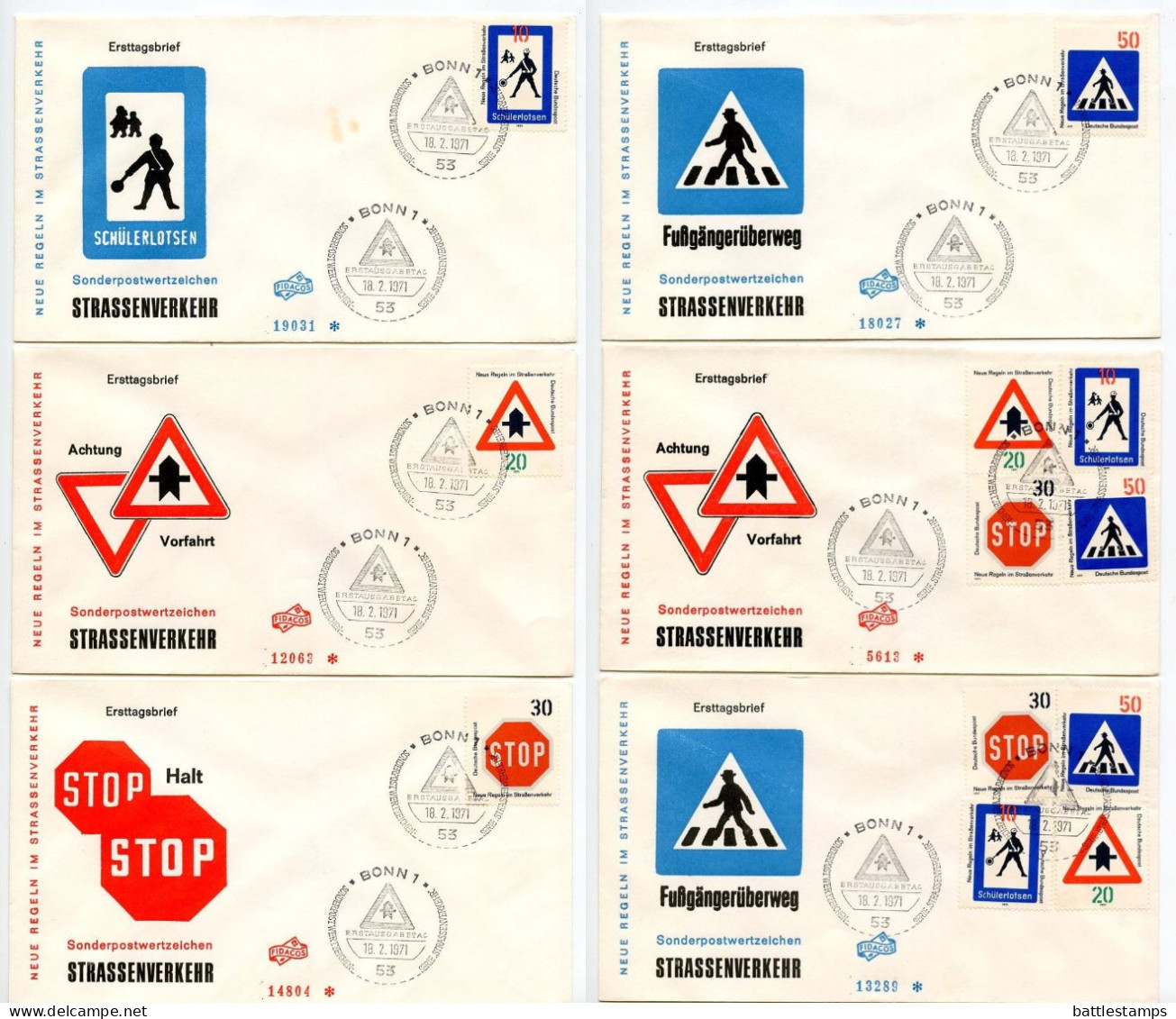 Germany, West 1971 6 FDCs Scott 1055-1058 Traffic Signs - School Crossing, Caution, Stop, Pedestrian Crossing - 1971-1980