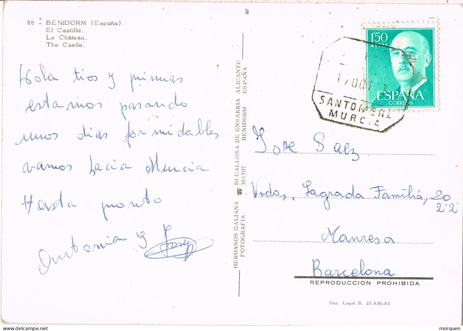 54535. Postal SANTOMERA (Murcia) 1967. Fechador S.P.E. Servicio Especial. Vista De Benidorm, Castillo - Briefe U. Dokumente