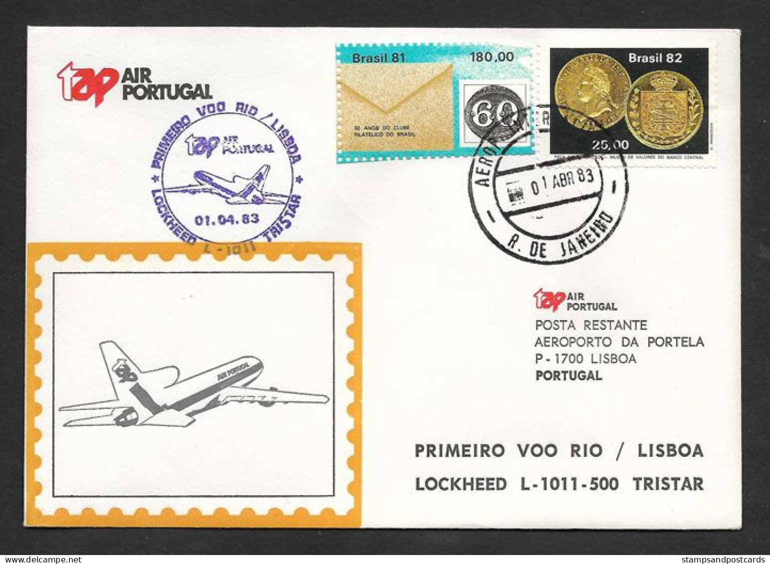 Brèsil Brasil Portugal Premier Vol TAP Lockheed TriStar Rio De Janeiro Lisbonne Lisboa 1983 First Flight Brazil Lisbon - Poste Aérienne