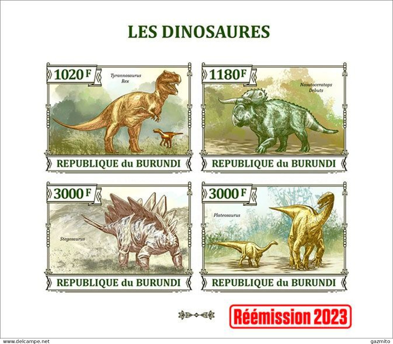 Burundi 2023, Animals, Dinosaurs II, Re-issued, 4val In Block IMPERFORATED - Préhistoriques