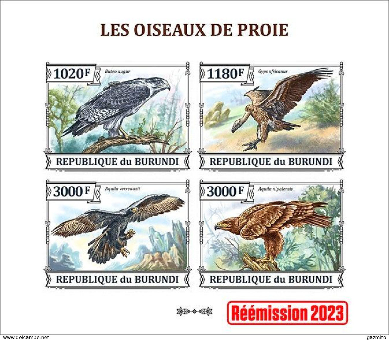 Burundi 2023, Animals, Birds Of Prey, 4val In Block IMPERFORATED - Águilas & Aves De Presa