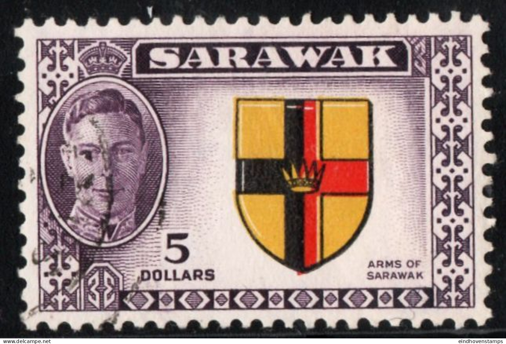 Sarawak Malaysia 1950 $ 5, King George VI & Country Crest 1 Stamp Cancelled - Sarawak (...-1963)