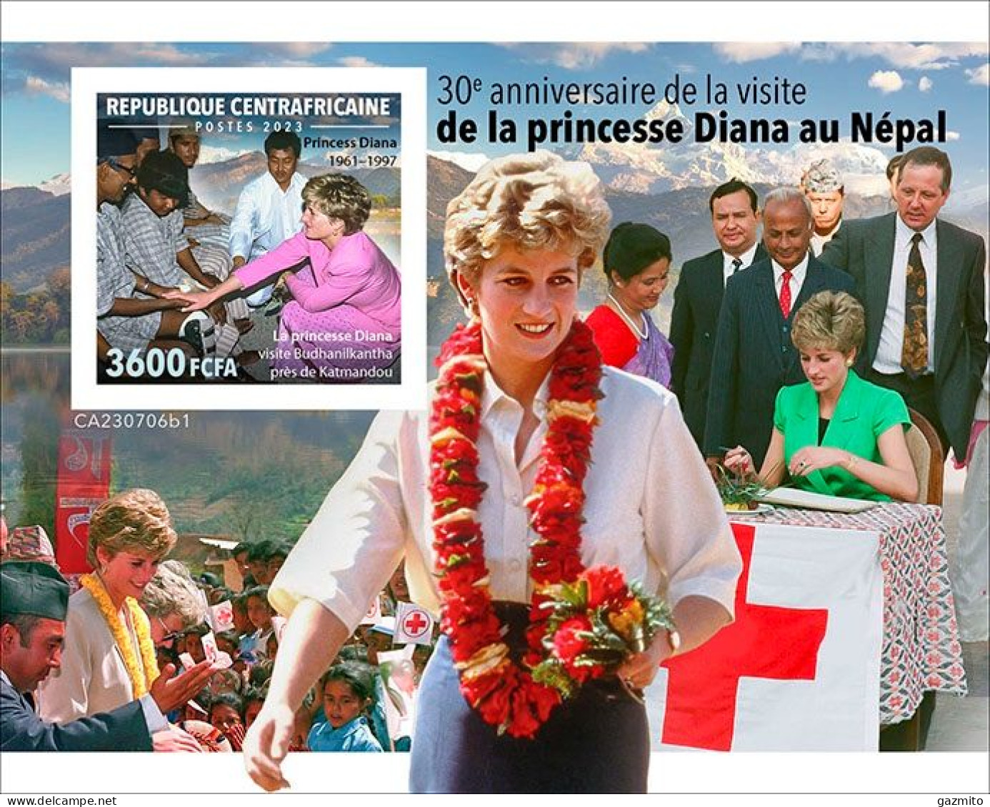 Centrafrica 2023, Diana In Nepal, Red Cross, BF IMPERFORATED - Croce Rossa