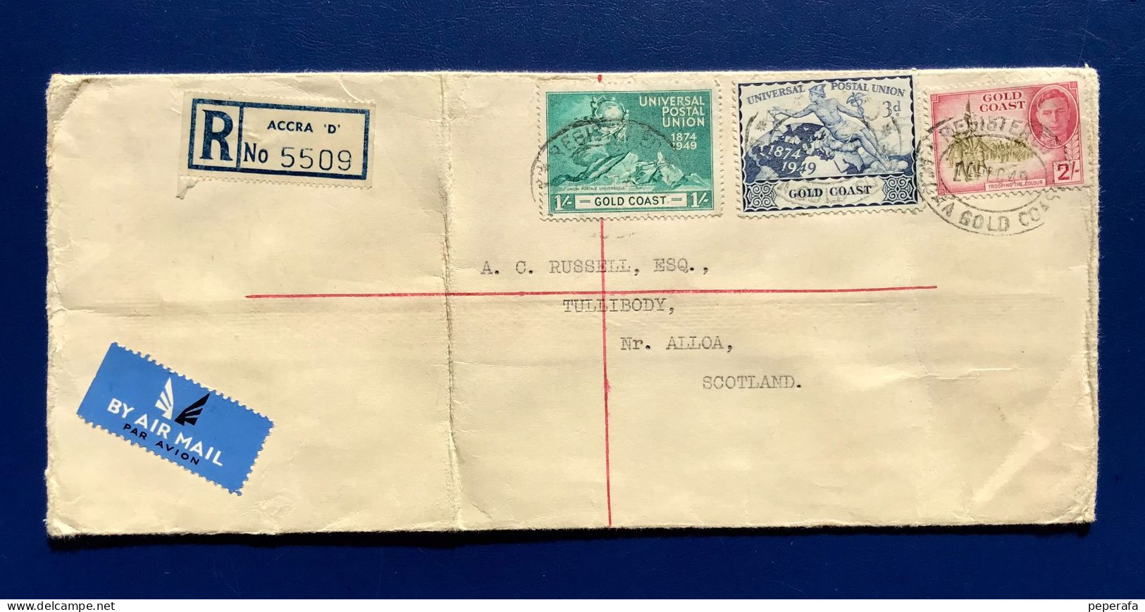 GOLD COAST 1949, REGISTER COVER WITH STAMPS U.P.U. COMMEMORATIVE UNION POSTAL UNIVERSAL - Used Stamps