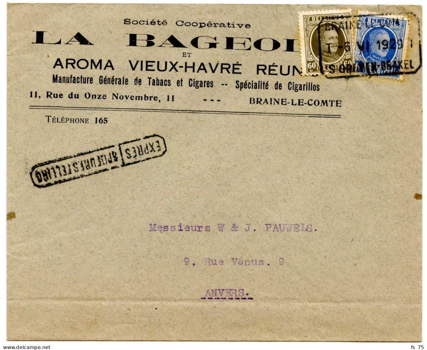 BELGIQUE - COB 255+257 TELEGRAPHE BRAINE LE COMTE SUR LETTRE PAR EXPRES, 1929 - 1922-1927 Houyoux