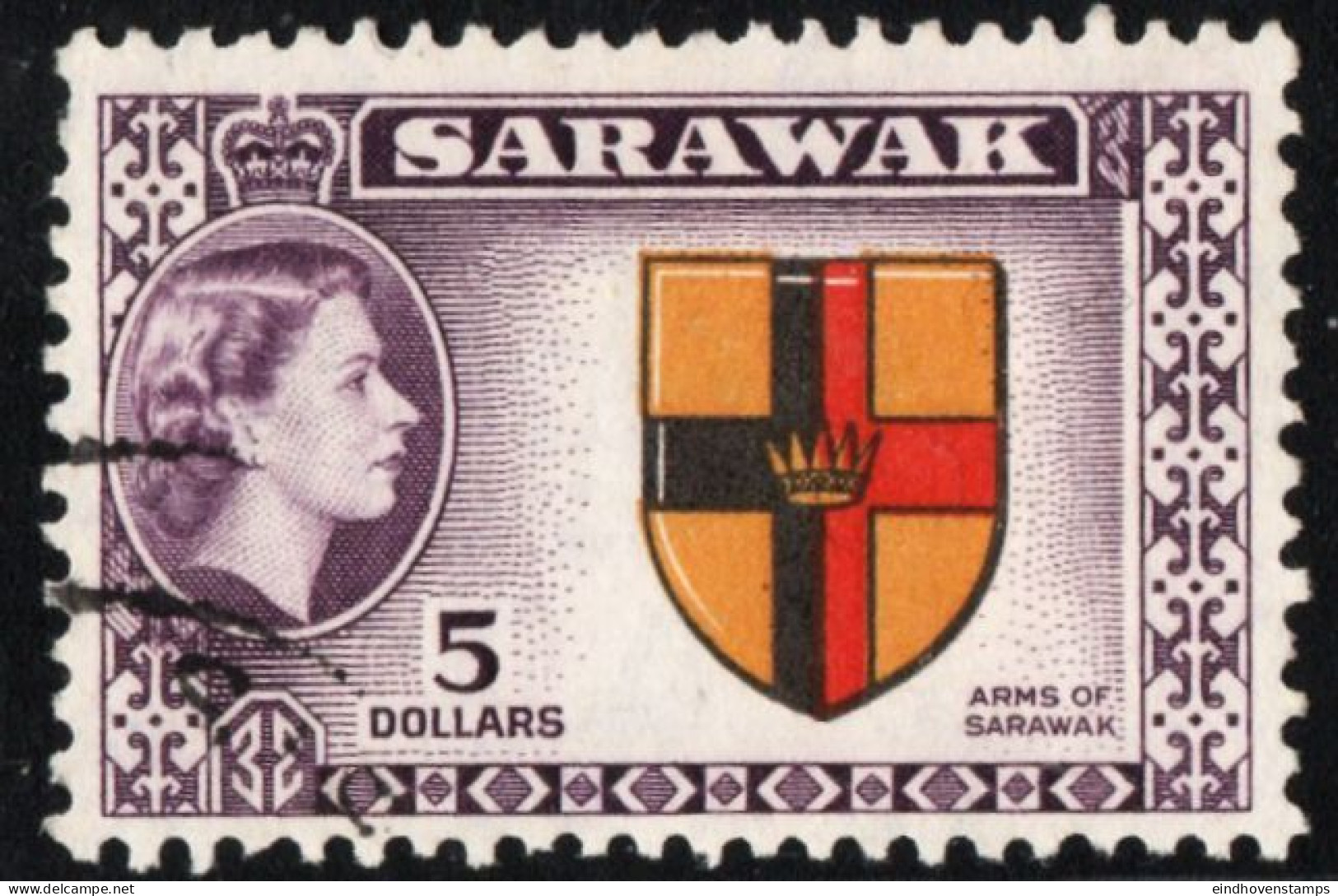 Sarawak Malaysia 1955 $ 5, Queen Elisabeth & Country Crest 1 Stamp Cancelled - Sarawak (...-1963)