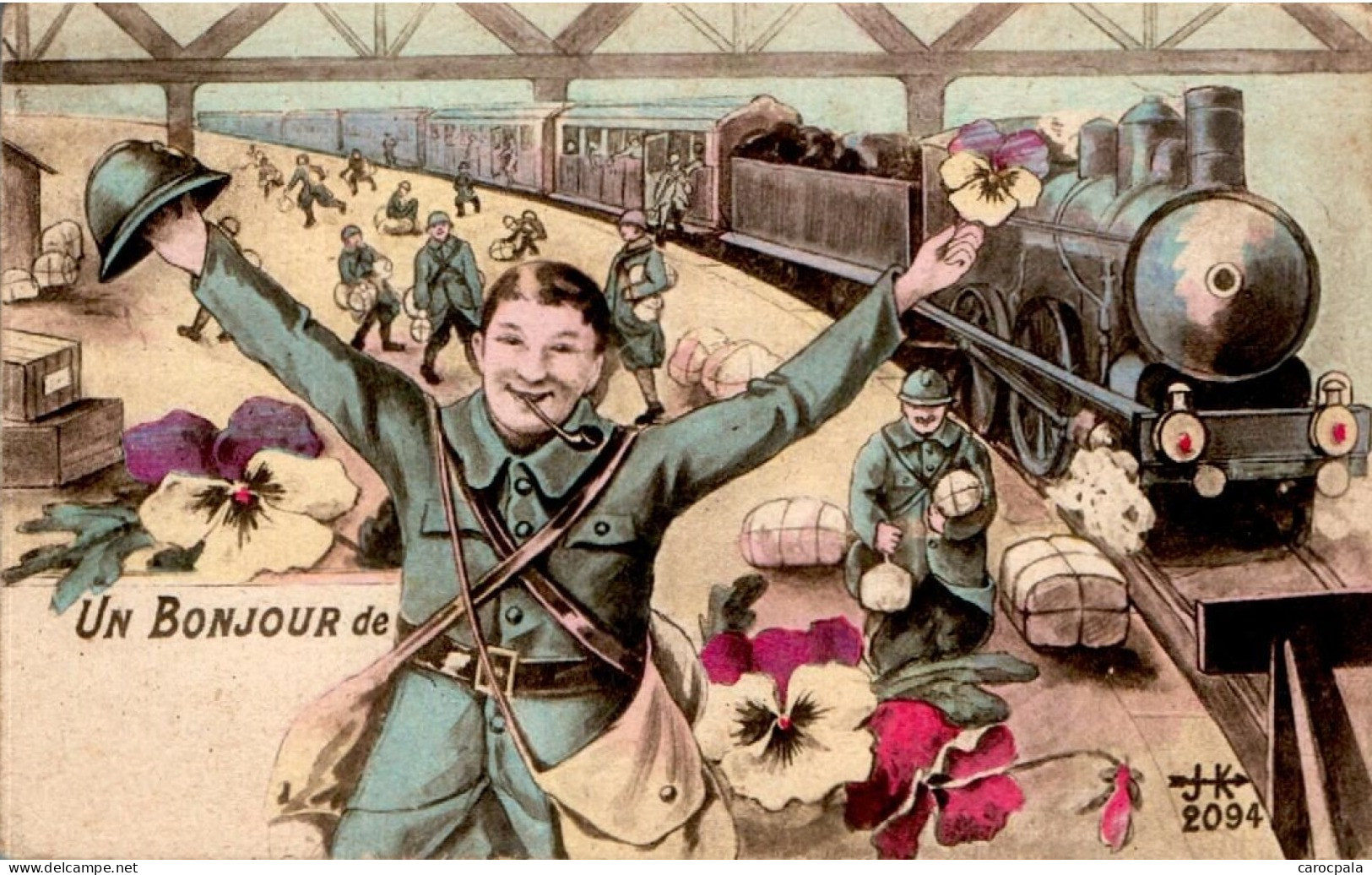 Carte 1918 Signée A.H Katz Ou JK : Un Bonjour De Train , Militaire - Humour