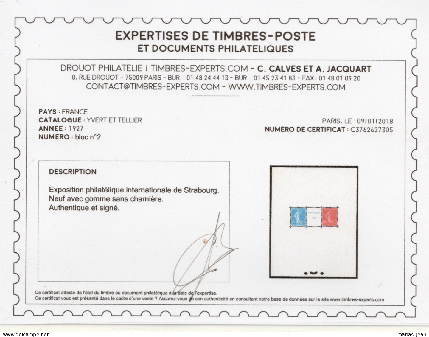 France  Block Feuillet  2    N**  Signé Calves  Avec Certificat Numérique  TTB - Nuovi