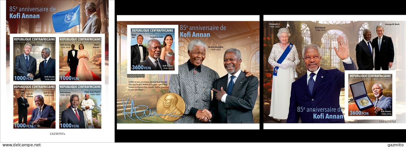 Centrafrica 2023, Kofi Annan, Mandela, Queen Elisabeth, 4val In BF +2BF IMPERFORATED - Familles Royales