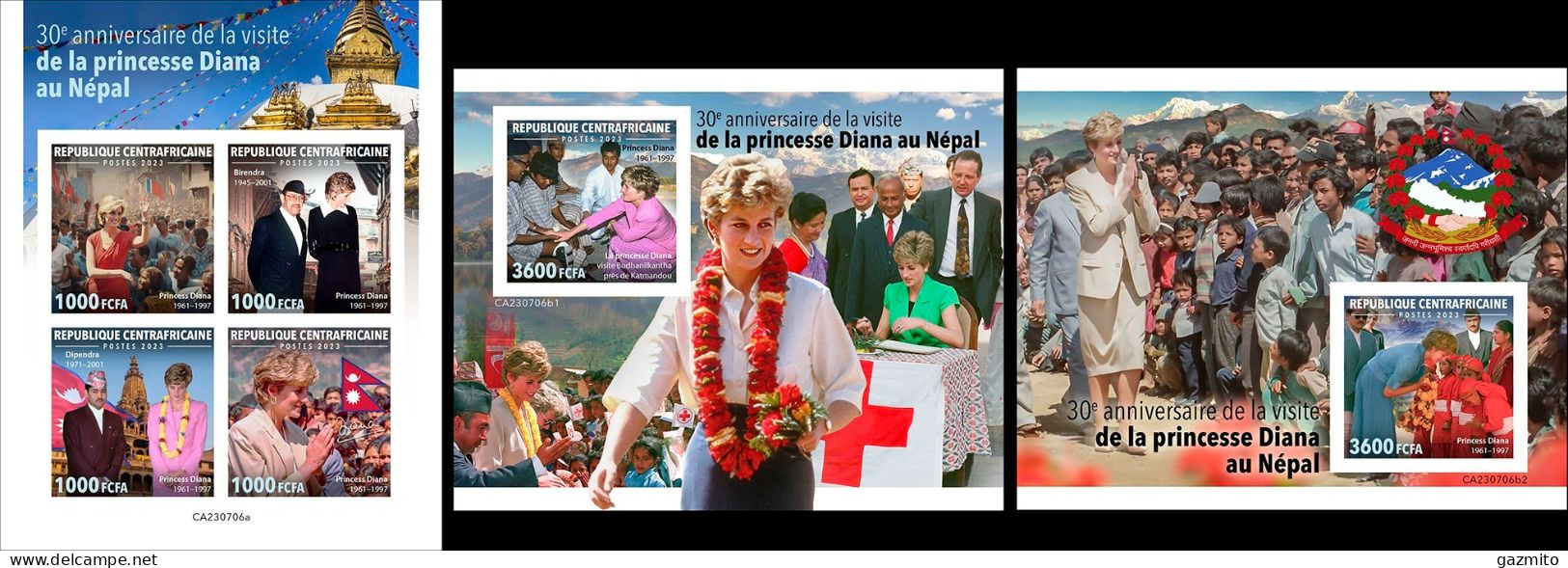 Centrafrica 2023, Diana In Nepal, 4val In BF +2BF IMPERFORATED - Familias Reales