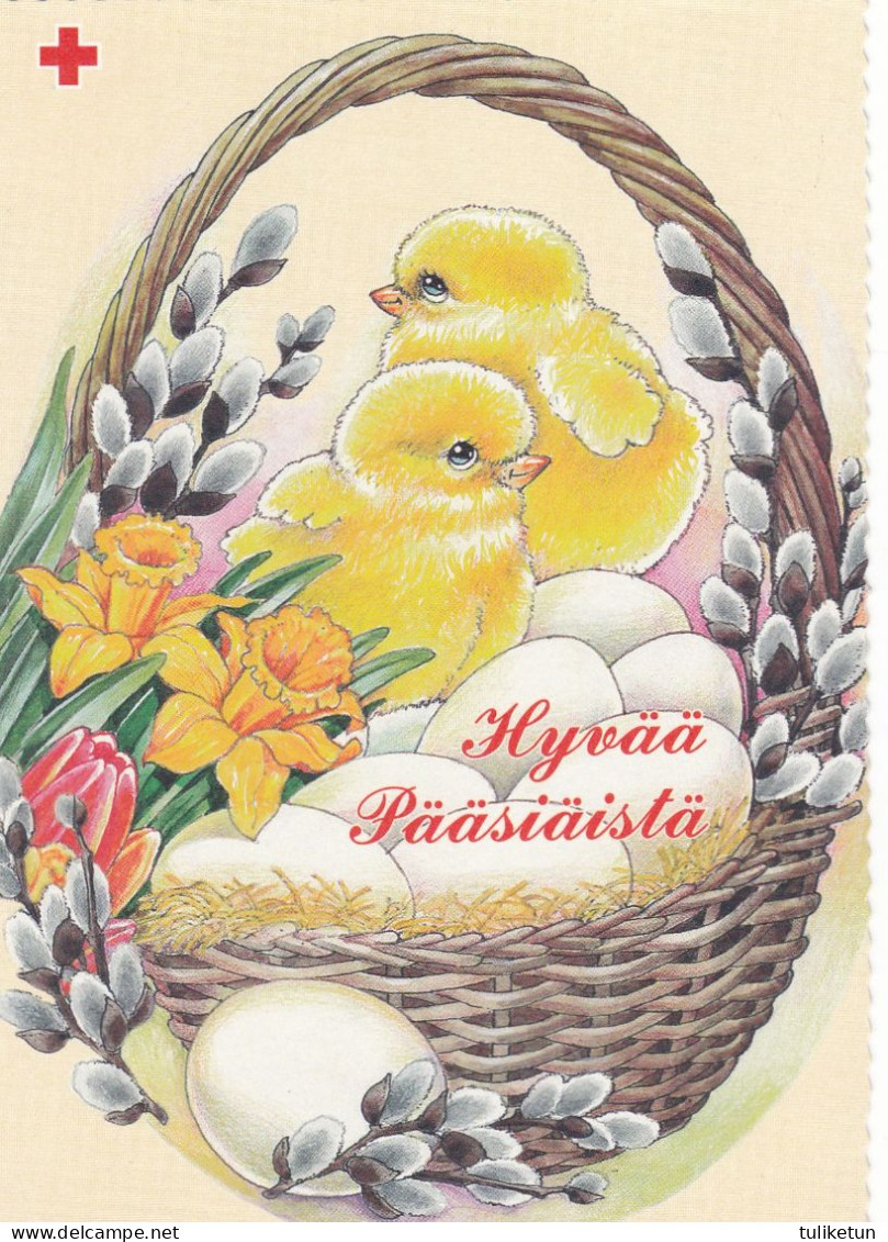 Postal Stationery - Chicks In The Basket With Eggs And Willows - Happy Easter - Red Cross - Suomi Finland - Postage Paid - Postal Stationery