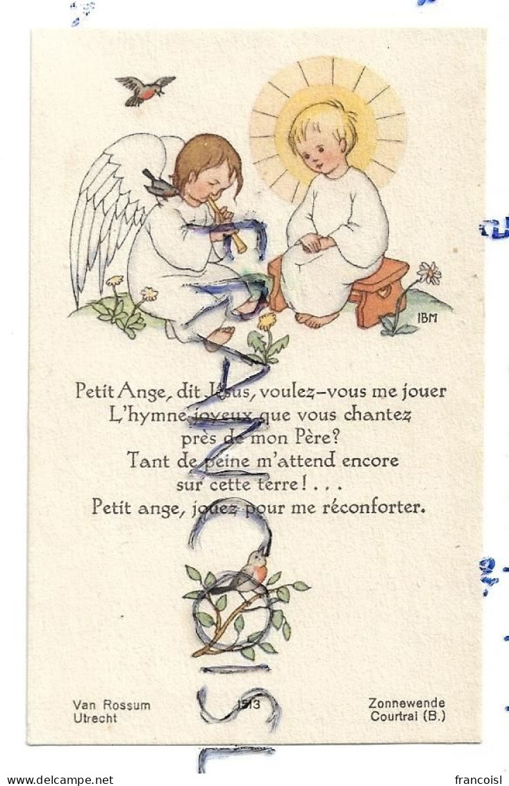 Petit Ange Musicien Et Enfant Jésus Assis Sur Un Banc, Oiseau, Fleurs :" Petit Ange, Dit Jésus, Voulez-vous Me Jouer..." - Santini