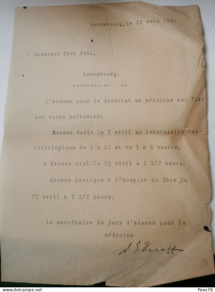 Lettre, Exame Pour Le Doctorat En Médecine, Hospice Du Rham 1920 - Briefe U. Dokumente